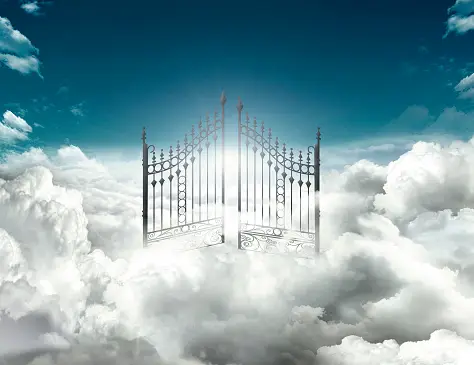 Alt=Gate to Heaven in clouds. 4 things money can't buy, but God provides for free.